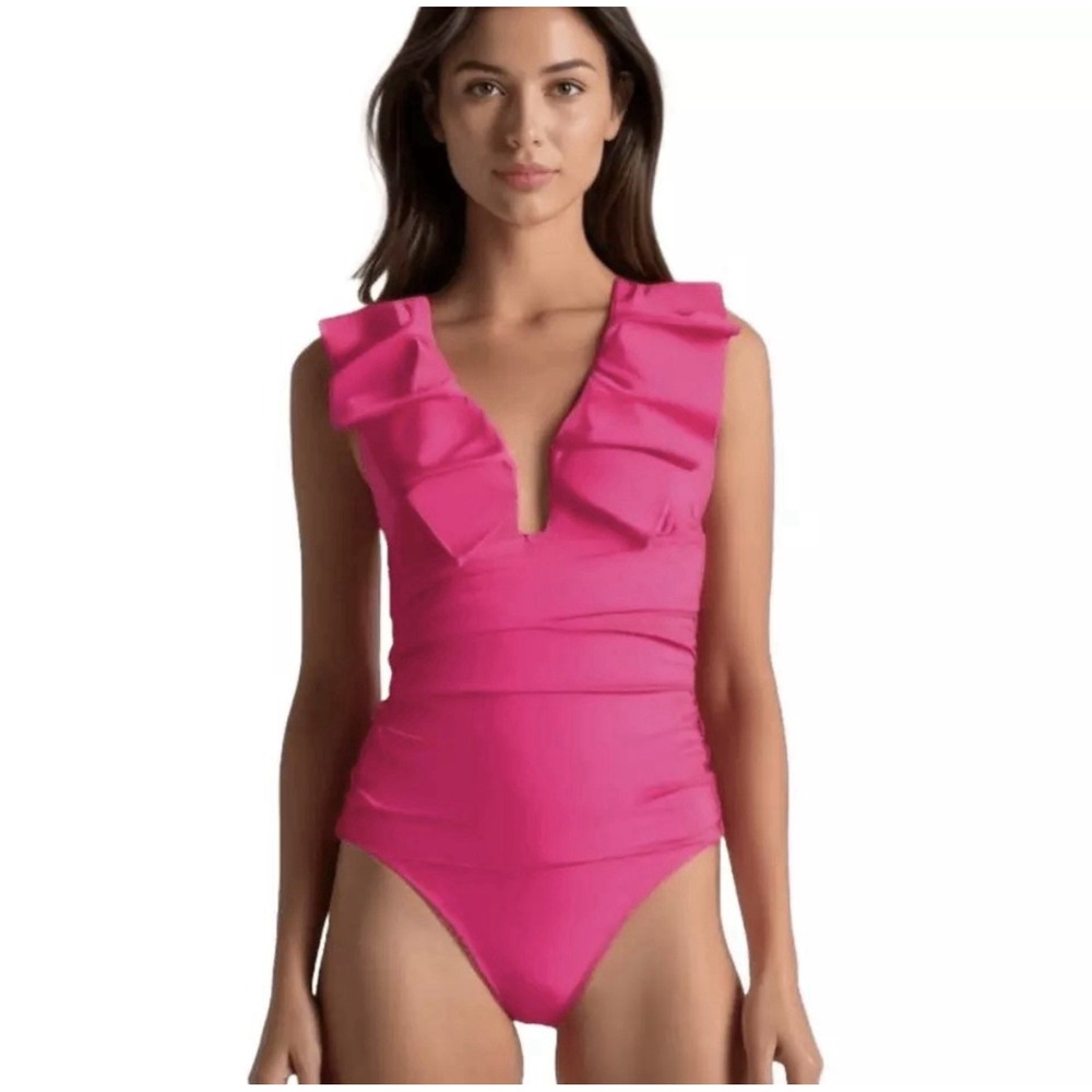 J Crew Women's Pink Ruched Ruffle One-Piece Swimsuit Size 10 Poolside Beach NWT - Picture 1 of 5